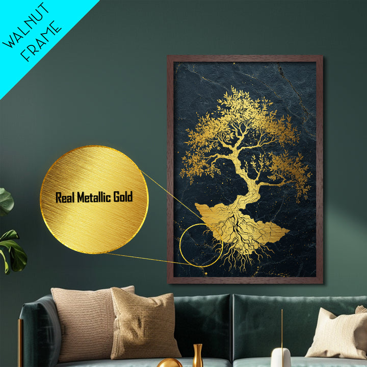 The Gilded Bonsai – Roots Anchored in Stone and Time, Metal Art, Metallic Gold Print, Metal Wall Art, Man Cave Decor