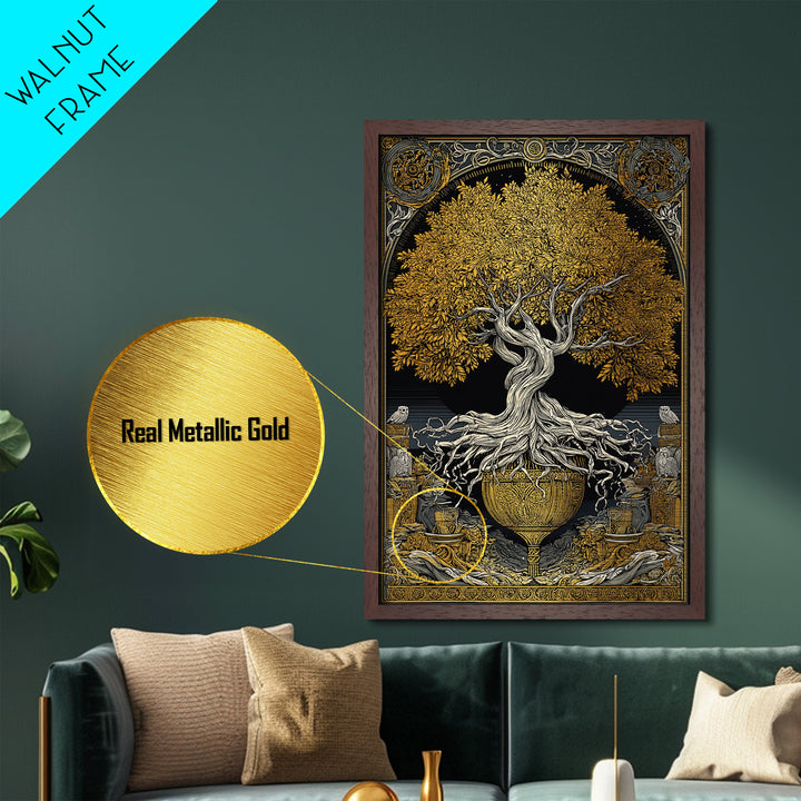 Yggdrasil’s Chalice – The Eternal Tree of Knowledge and Life, Metal Art, Metallic Gold Print, Metal Wall Art, Man Cave Decor