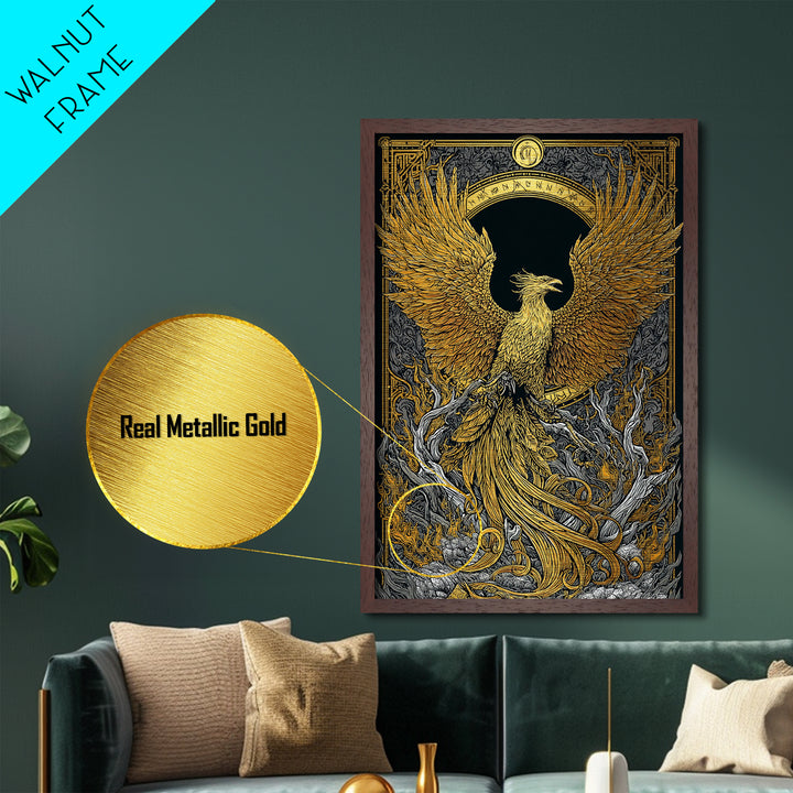 Phoenix Ascendant – Flames and Feathers of Rebirth, Metal Art, Metallic Gold Print, Metal Wall Art, Man Cave Decor