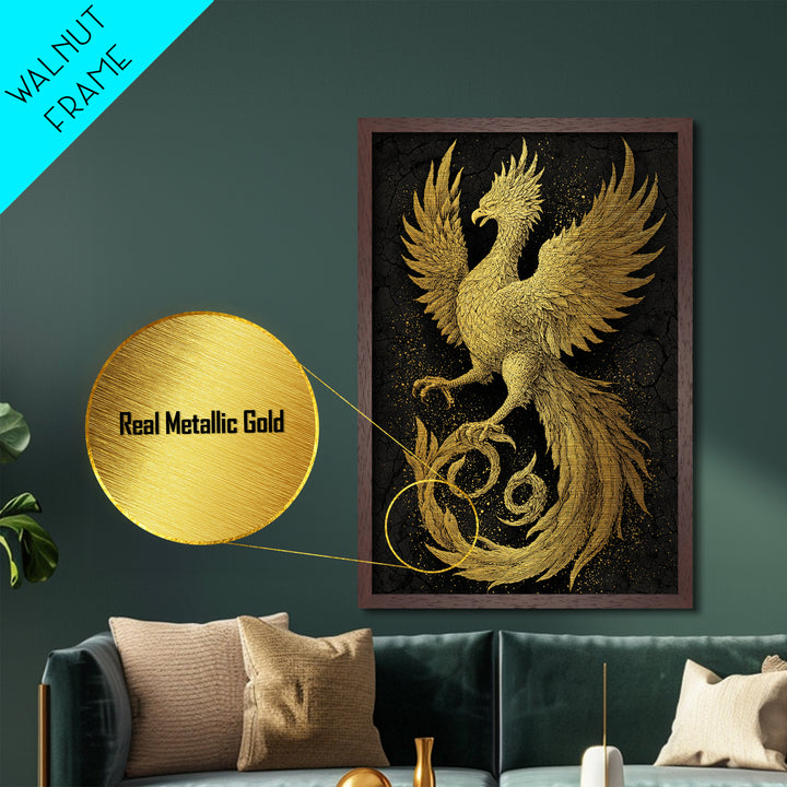 Golden Phoenix in Flight – A Herald of Renewal, Metal Art, Metallic Gold Print, Metal Wall Art, Man Cave Decor