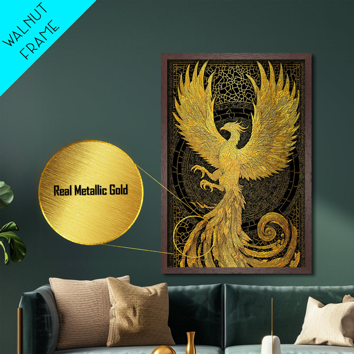 The Radiant Phoenix – Wings of Sunfire and Immortality, Metal Art, Metallic Gold Print, Metal Wall Art, Man Cave Decor