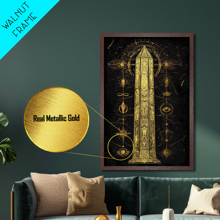 The Obelisk of Secrets – Symbols of the Eternal Order, Metal Art, Metallic Gold Print, Metal Wall Art, Man Cave Decor