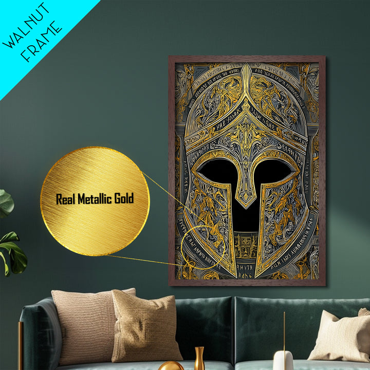 Fiery Engraved Spartan Helmet Wall Print – Metallic Gold Art, Lavish Historical Helmet Metal Art, Classic War Decor
