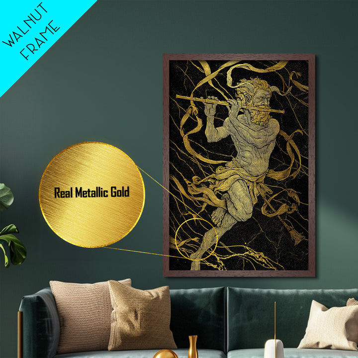 Greek God Pan Playing Flute – Metallic Gold Metal Print – Mythology Wall Art with Real Wood Frame for Classical Home Decor