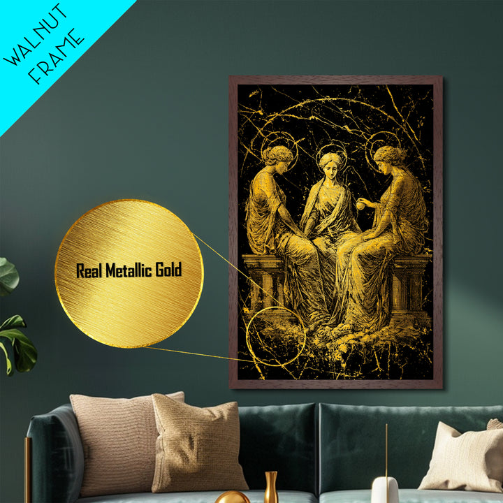 The Three Graces – Metallic Gold Metal Print – Greek Goddess Wall Art with Real Wood Frame for Elegant Classical Room Decor