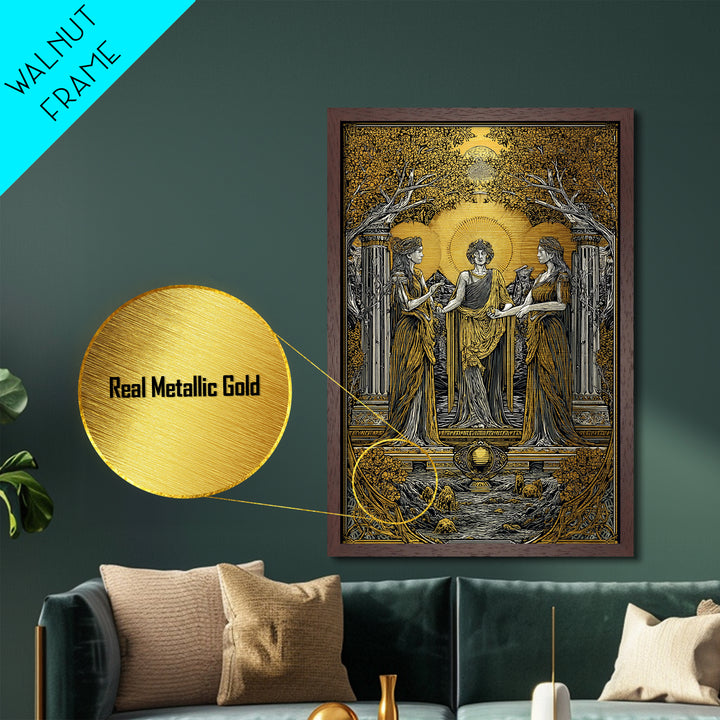 Greek Goddesses in Golden Garden – Metallic Gold Metal Print – Classical Mythology Wall Art with Real Wood Frame