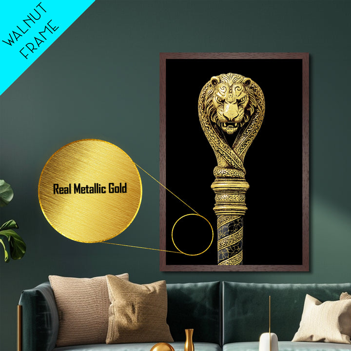 Lion and Serpent Staff Head – Metallic Gold Metal Print – Ancient Weapon Design Art with Real Wood Frame for Bold Wall Decor