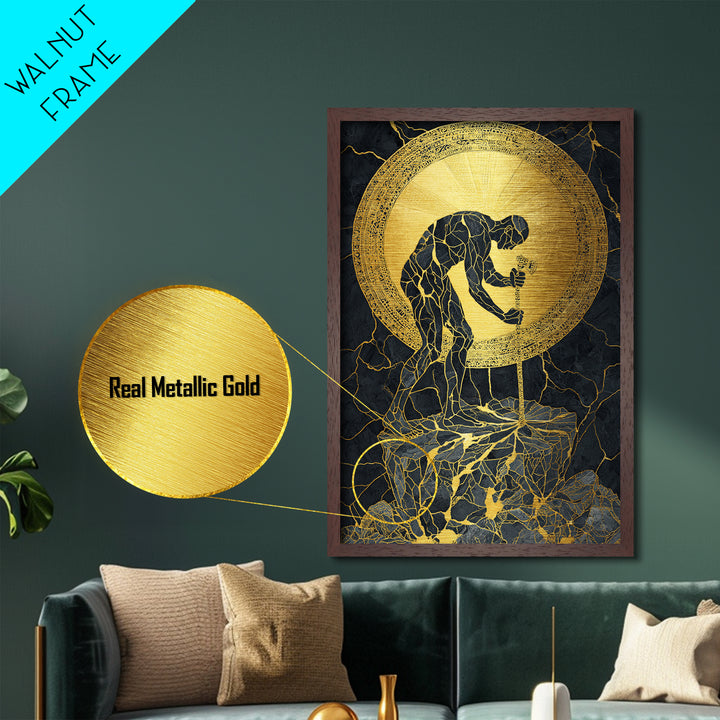Man with Sword and Sun – Metallic Gold Metal Print – Heroic Mythology Wall Art with Real Wood Frame for Powerful Home Accent