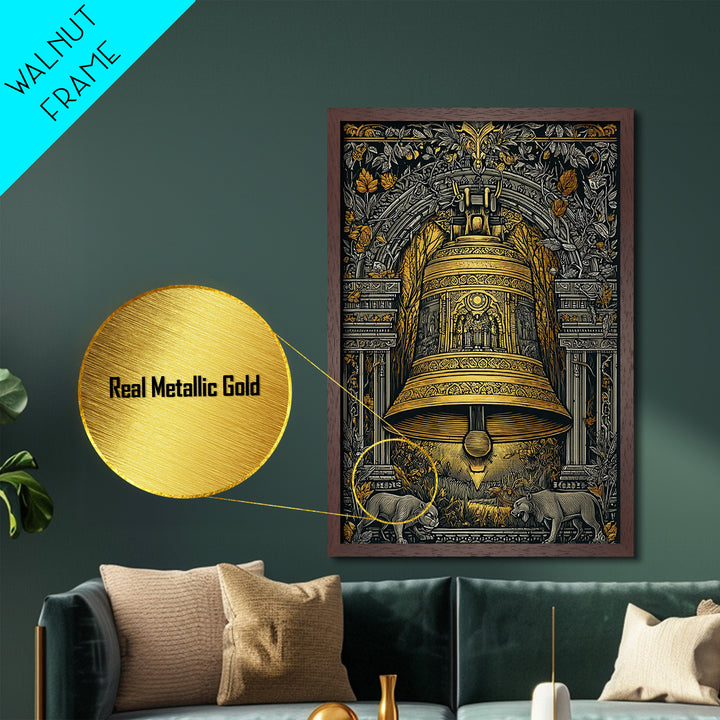 Ornate Golden Bell with Wolves – Metallic Gold Metal Print – Fantasy Architectural Wall Art with Real Wood Frame
