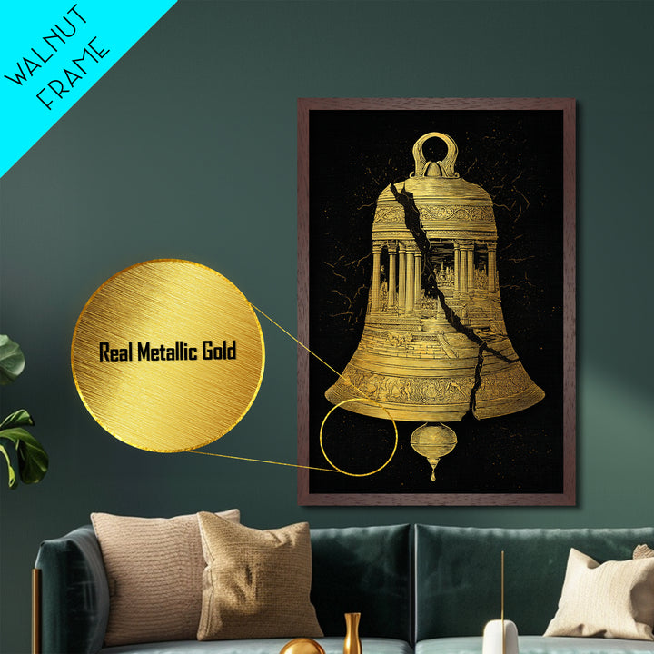 Cracked Temple Bell – Metallic Gold Metal Print – Ancient Ruins Wall Art with Real Wood Frame for History and Myth Lovers