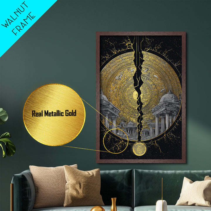 Cracked Golden Mandala Temple – Metallic Gold Metal Print – Intricate Ancient Architecture Wall Art with Real Wood Frame