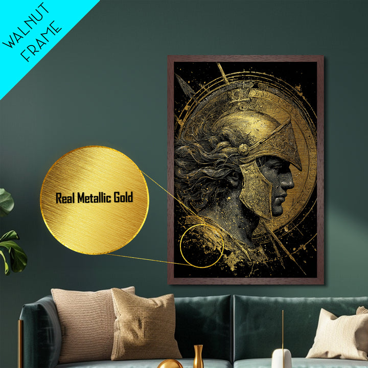Greek Warrior Profile, Metallic Gold Metal Print, Ancient Mythology Wall Art, Real Wood Frame Decor, Luxury Hero Artwork