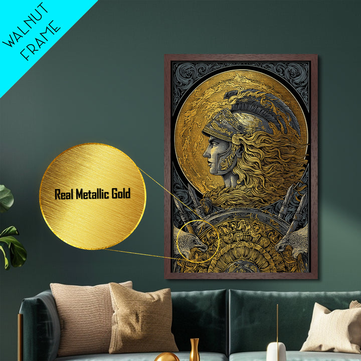 Athena Greek Goddess, Metallic Gold Art, Warrior Helmet Metal Print, Real Wood Frame Decor, Ancient Mythology Wall Artwork