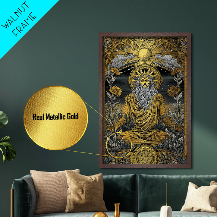 Greek Sun God Illustration, Metallic Gold Metal Print, Mythology Wall Art, Real Wood Frame Decor, Luxury Ancient Artwork