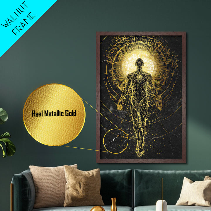 Divine Ascension Figure, Metallic Gold Art, Mythology Wall Print, Real Wood Frame Decor, Ancient Greek Inspired Metal Artwork