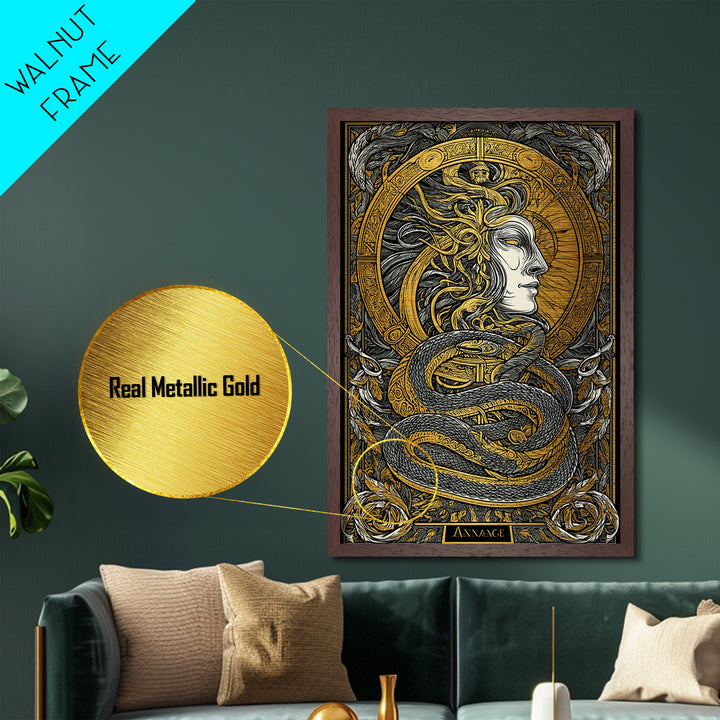 Ananke Greek Goddess Metallic Gold Metal Print, Destiny And Fate Mythology Artwork, Real Wood Framed Decorative Wall Art