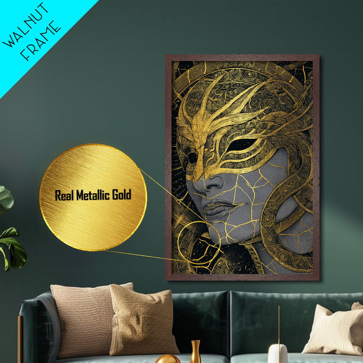 Ananke Mythological Metallic Gold Metal Print, Greek Goddess Of Inevitability Artwork, Real Wood Frame Wall Art Decoration