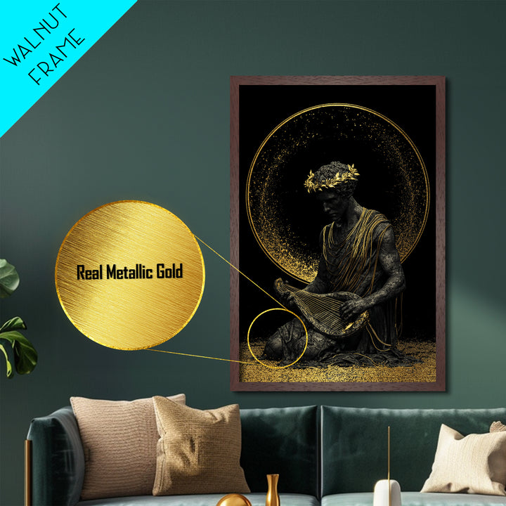Apollo God Of Music Metallic Gold Metal Print, Greek Mythology Art With Lyre, Real Wood Framed Classical Decorative Wall Art
