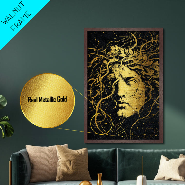 Apollo Greek Statue Metallic Gold Metal Print, Mythological Music And Light Inspired Art, Real Wood Framed Wall Decoration