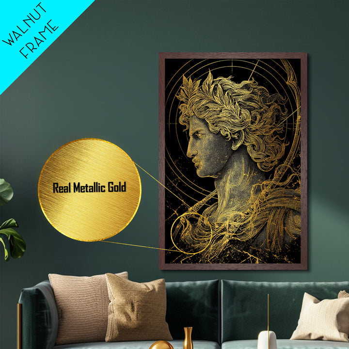 Apollo God Of Light Metallic Gold Metal Print, Classical Greek Mythology Artwork, Real Wood Frame Decorative Ancient Wall Art