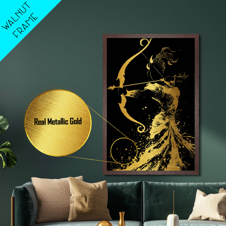 Artemis Goddess Metallic Gold Metal Print, Greek Mythology Archer Huntress Artwork, Real Wood Framed Ancient Decorative Wall Art
