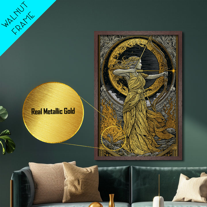 Artemis Greek Goddess Metallic Gold Metal Print, Bow And Arrow Mythology Inspired Artwork, Real Wood Frame Decorative Wall Art