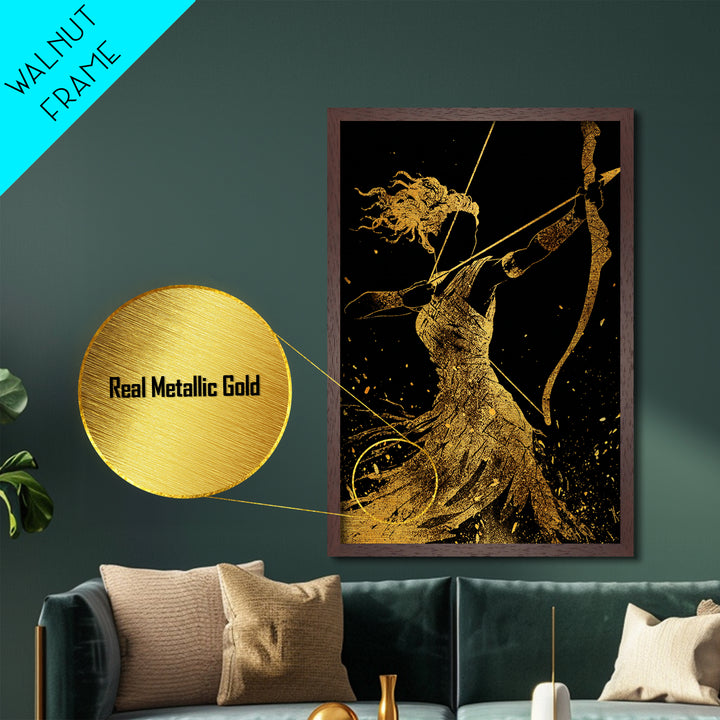 Artemis Archer Goddess Mythology, Metallic Gold Metal Print, Real Wood Frame, Greek Myth Wall Art, Celestial Home Decor