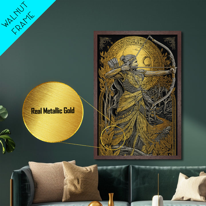Artemis Moonlit Huntress With Bow, Metallic Gold Art, Real Wood Framed Print, Greek Goddess Wall Decor, Mythology Artwork