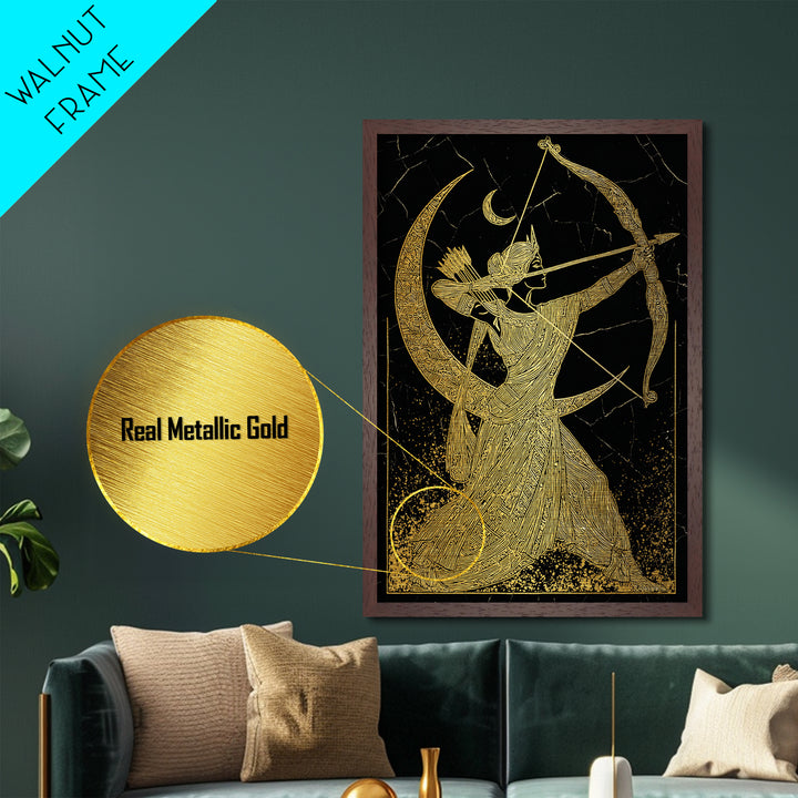 Artemis Lunar Goddess Archery Scene, Metallic Gold Art Print, Real Wood Frame, Mythology Wall Art, Elegant Greek Decor