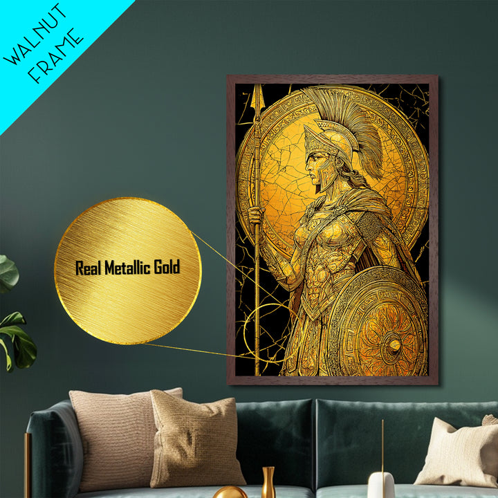 Athena Warrior Goddess With Spear And Shield, Metallic Gold Metal Print, Real Wood Frame, Greek Myth Wall Art, Strength Decor