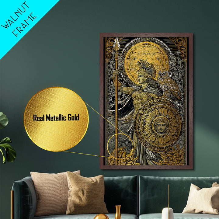 Athena With Owl Wisdom Goddess Art, Metallic Gold Art Print, Real Wood Frame, Greek Mythology Wall Hanging, Protection Decor