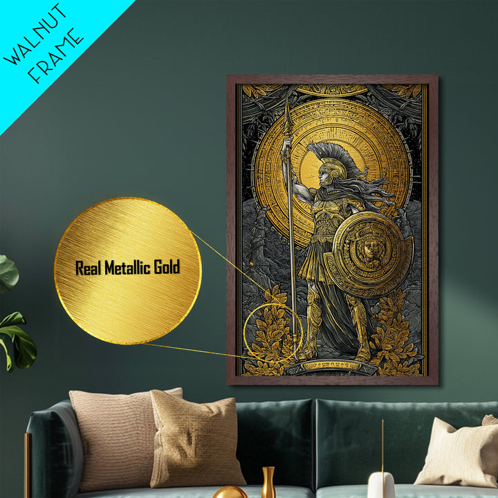 Athena Goddess Of War And Wisdom, Metallic Gold Metal Print, Real Wood Frame, Greek Warrior Wall Art, Mythology Inspired Decor