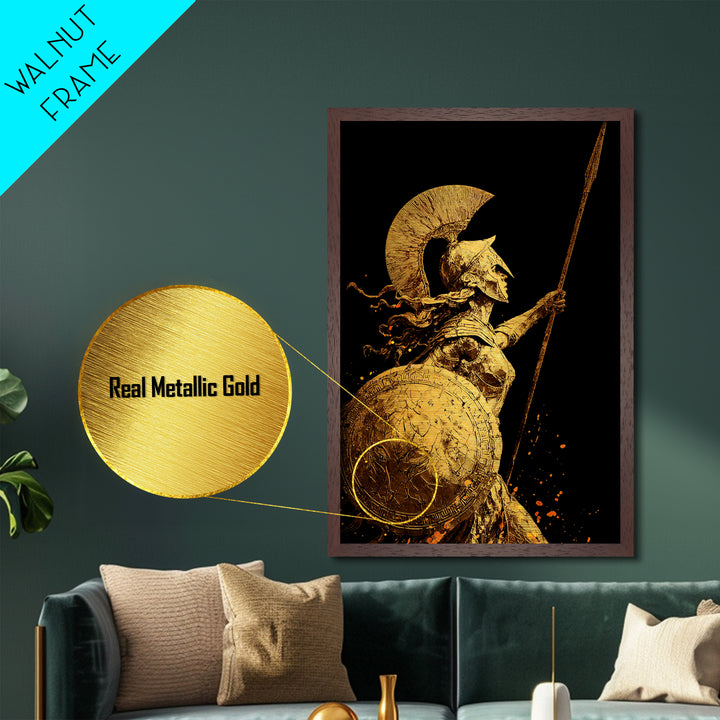 Athena Warrior Goddess With Spear And Shield, Metallic Gold Metal Print, Real Wood Frame, Greek Mythology Wall Art