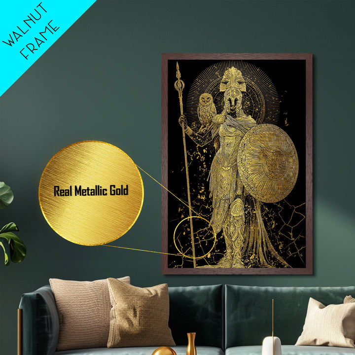 Athena With Owl And Shield Of Wisdom, Metallic Gold Art Print, Real Wood Frame, Ancient Greek Mythology Warrior Decor