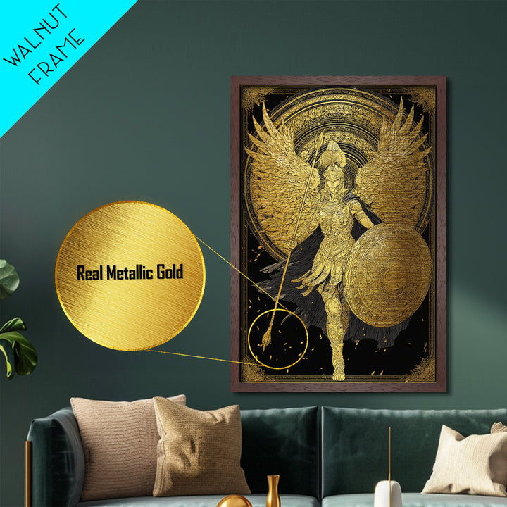 Athena Winged Warrior Goddess With Shield, Metallic Gold Art Print, Real Wood Frame, Greek Mythology Goddess Wall Decor