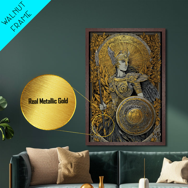 Athena Goddess Of Wisdom With Spear, Metallic Gold Metal Print, Real Wood Frame, Greek Mythology Warrior Goddess Art