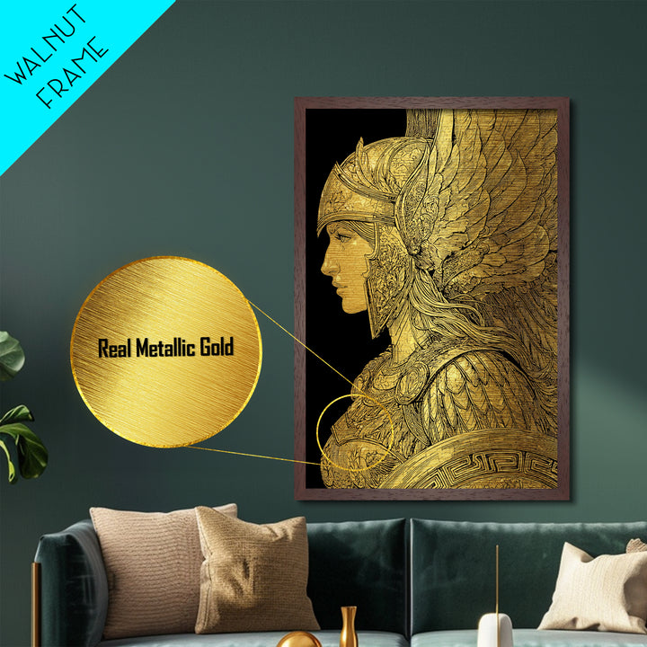 Athena Warrior Goddess Profile With Wings, Metallic Gold Art Print, Real Wood Frame, Greek Mythology Goddess Wall Art
