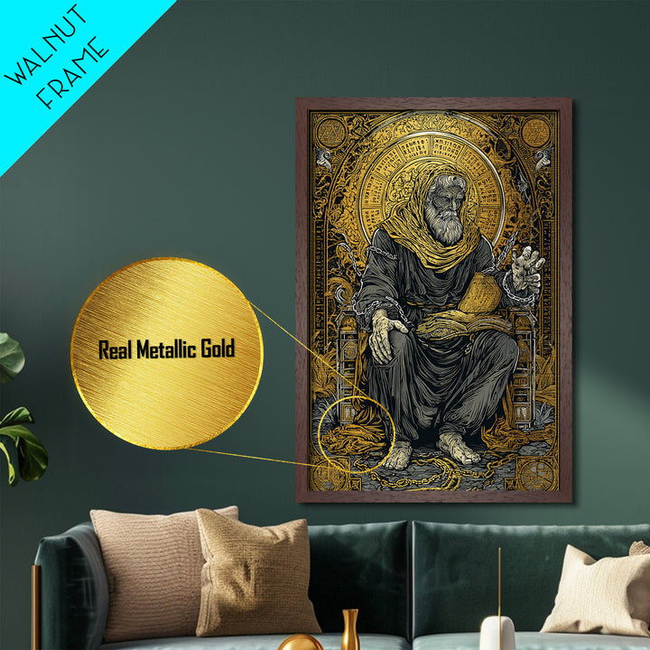 Boethius Philosopher With Ancient Manuscript, Metallic Gold Metal Print, Real Wood Frame, Medieval Wisdom Wall Decor