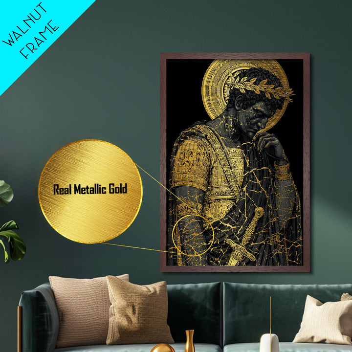 Brutus Roman Leader With Laurel Wreath, Metallic Gold Art Print, Real Wood Frame, Ancient Roman History Warrior Wall Art