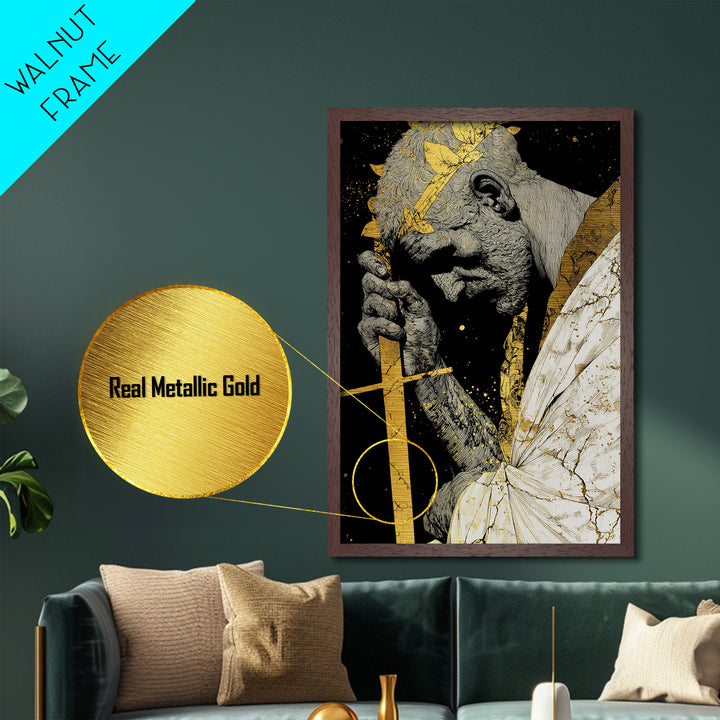 Brutus Roman Statesman With Laurel Crown, Metallic Gold Art Print, Real Wood Frame, Ancient Roman History Warrior Wall Art