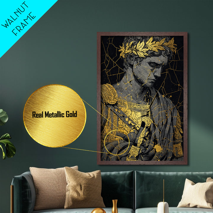 Roman Emperor Bust With Laurel Crown, Metallic Gold Metal Print, Classical Sculpture Wall Art, Real Wood Frame Home Decor
