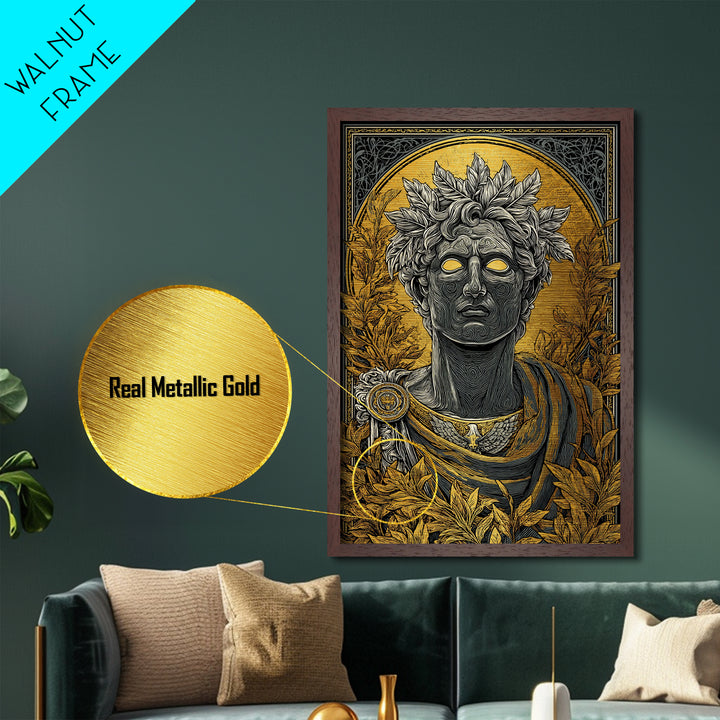 Apollo God Bust Surrounded By Laurel Leaves, Metallic Gold Art Print, Greek Mythology Wall Decor, Real Wood Frame Artwork