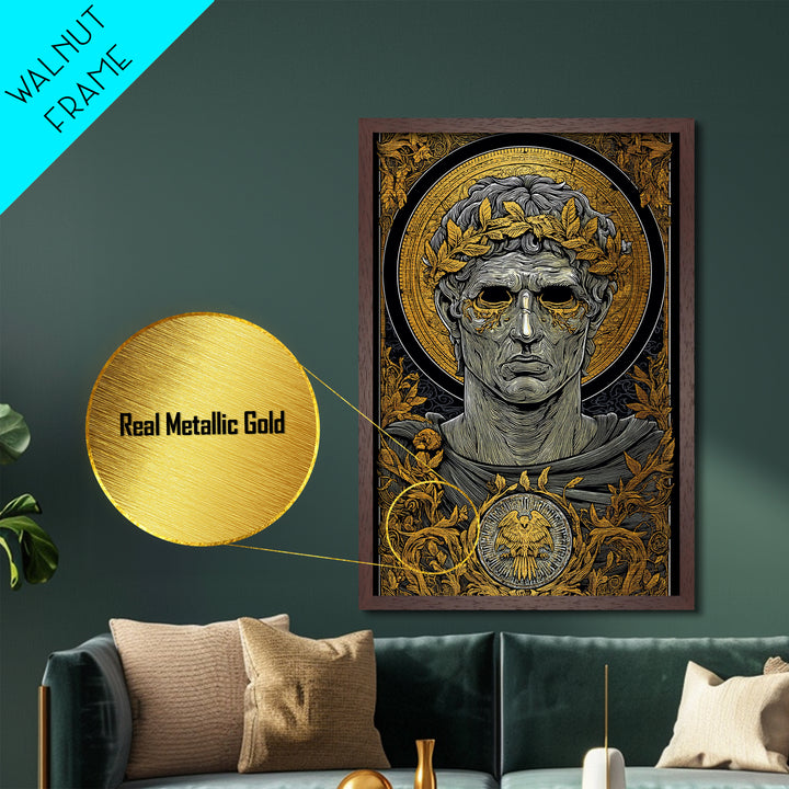 Caesar Inspired Roman Bust, Metallic Gold Metal Print, Ancient Rome Decorative Wall Art, Mythology Style, Real Wood Frame