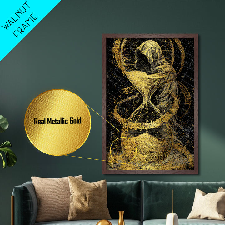 Hooded Figure In Hourglass Timepiece, Metallic Gold Art Print, Mythological Decorative Wall Art, Symbolic Design, Real Wood Frame