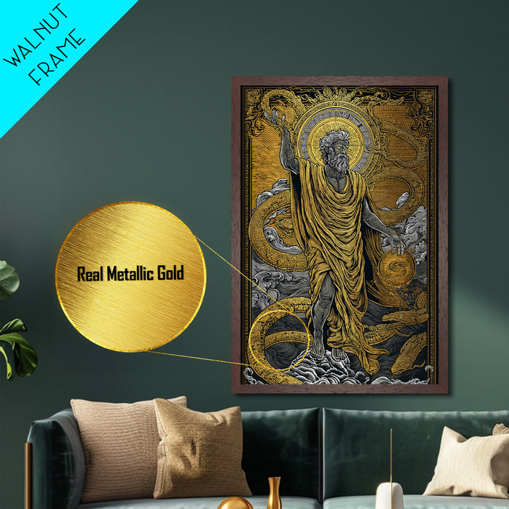 God Of Creation With Ouroboros Serpent, Metallic Gold Metal Print, Ancient Mythology Decorative Wall Art, Real Wood Frame Artwork