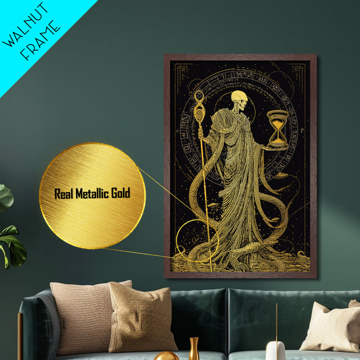 Chronos Metallic Gold Metal Print, Mythological Skeleton Holding Hourglass, Esoteric Wall Art, Real Wood Framed Artwork
