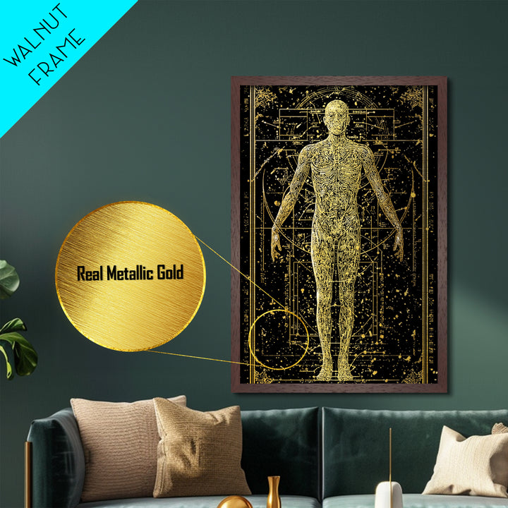 Vitruvian Human Anatomy Metallic Gold Metal Print, Sacred Geometry Wall Art, Celestial Body Illustration, Real Wood Frame Decor