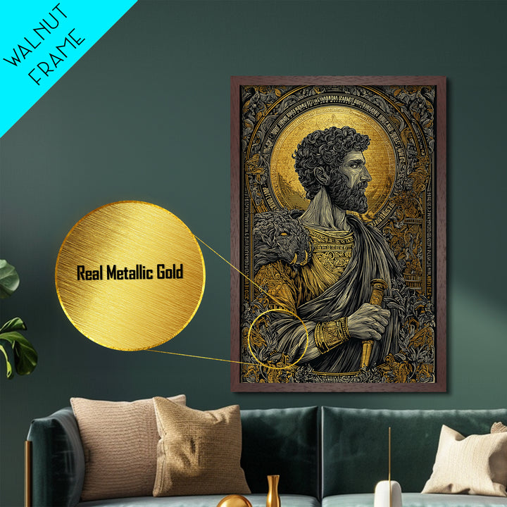 Commodus Metallic Gold Metal Print, Roman Emperor With Sword Portrait, Historical Warrior Wall Art, Real Wood Framed Piece