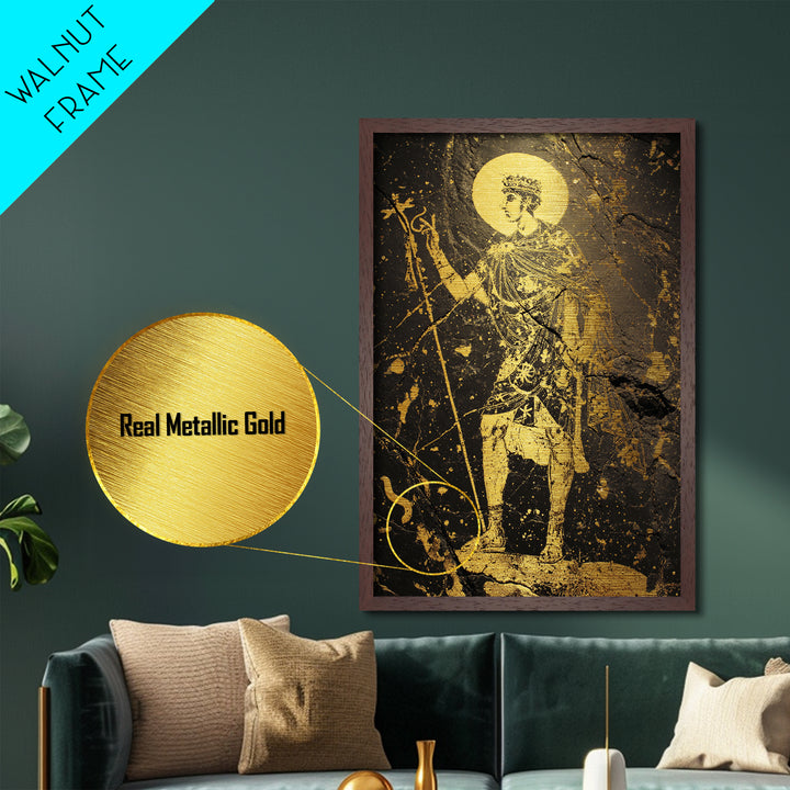 Constantine Metallic Gold Metal Print, Byzantine Roman Emperor Holding Staff Artwork, Regal Historical Wall Art, Wood Frame