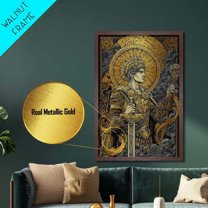 Classical Warrior God Artwork, Metallic Gold Metal Print, Mythology Wall Art, Ancient Roman Style, Real Wood Frame Decor
